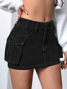 SHEIN PETITE 女式工裝口袋牛仔裙 - 黑色 - 查看 1