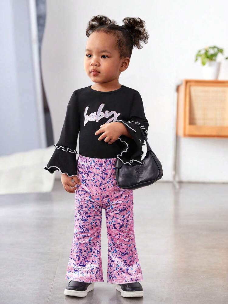 Baby Girls' Casual Imitation Beaded Flare Sleeve Top And Long Pants Set