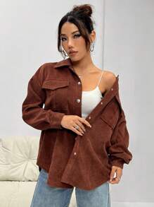 SHEIN Unity 女式灰咖啡色格紋緞條襯衫領夾克 - 棕色 - 查看 5