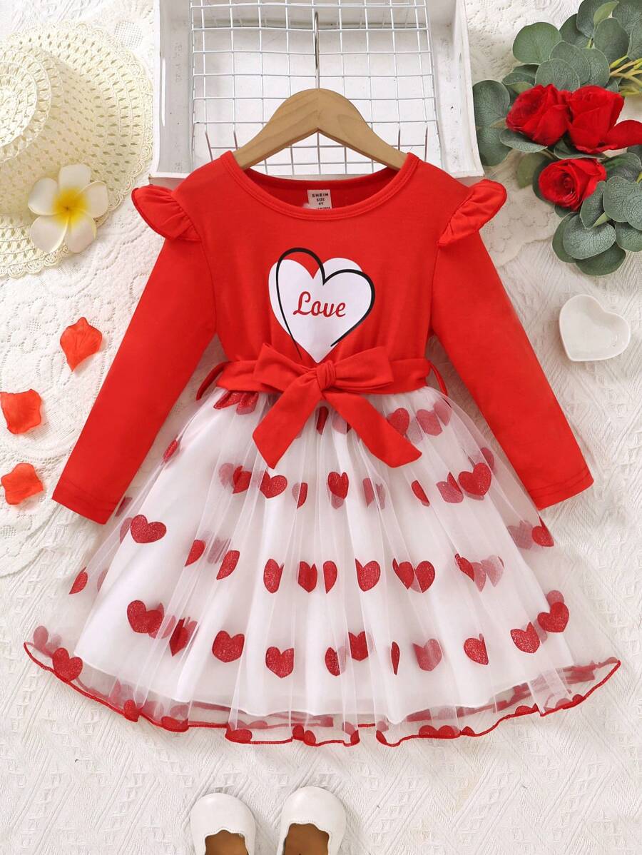 SHEIN Glamorique Kids 年轻女孩心形印花长袖收腰网眼覆盖连衣裙（配腰带），春秋装 - 紅色 - 查看 1