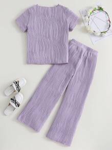 SHEIN 年輕女孩紫色波浪紋短袖上衣和長褲休閒套裝 2件套 - 紫色 - 查看 2