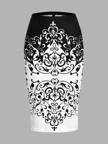 SHEIN Clasi Của phụ nữ Khối màu In Damask Váy bodycon - Đen và trắng - Xem 2