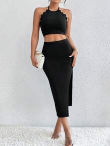 SHEIN Privé Màu thuần Áo hai dây Và Cái nĩa cao Váy Hai chiếc Bộ - màu đen - Xem 5