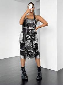 SHEIN EZwear Plus Size Printed Cami Dress - Black and White - View 1
