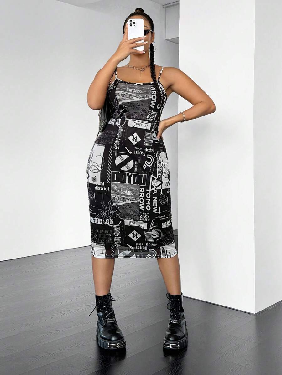 SHEIN EZwear Plus Size Printed Cami Dress - Black and White - View 1