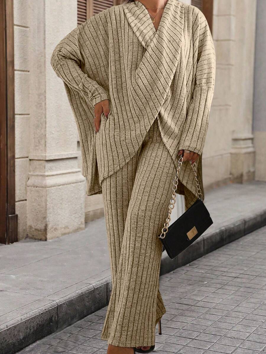 SHEIN Clasi Kích thước lớn Màu thuần Đồ đan Ribbed Hai chiếc Bộ - Màu be - Xem 1