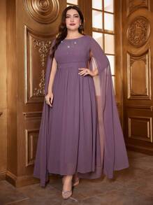 Modelyn Plus Size Women'S Cape Sleeves Dress With Rhinestone Decoration - Dusty Pink - View 6