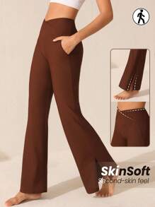 SHEIN Sports Women's Flared Athleisure Pants With Slits - Brown - View 1