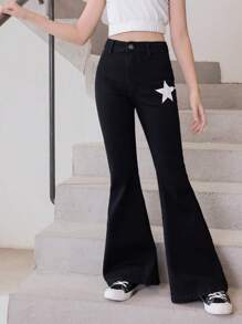 SHEIN Tween Girl New Style Casual Fashionable All-Match Star Pattern Washed Denim Bell-Bottoms - Black - View 4
