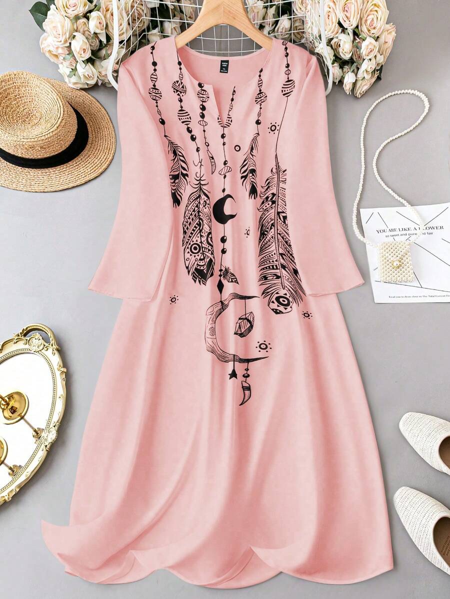 EMERY ROSE Plus Size Feather Printed Long Sleeve Dress - Coral Pink - View 1