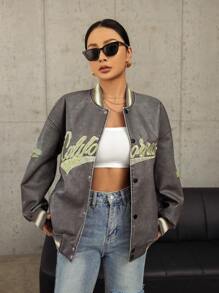 SHEIN EZwear 字母刺繡釦扣棒球夾克 - 灰色 - 查看 1