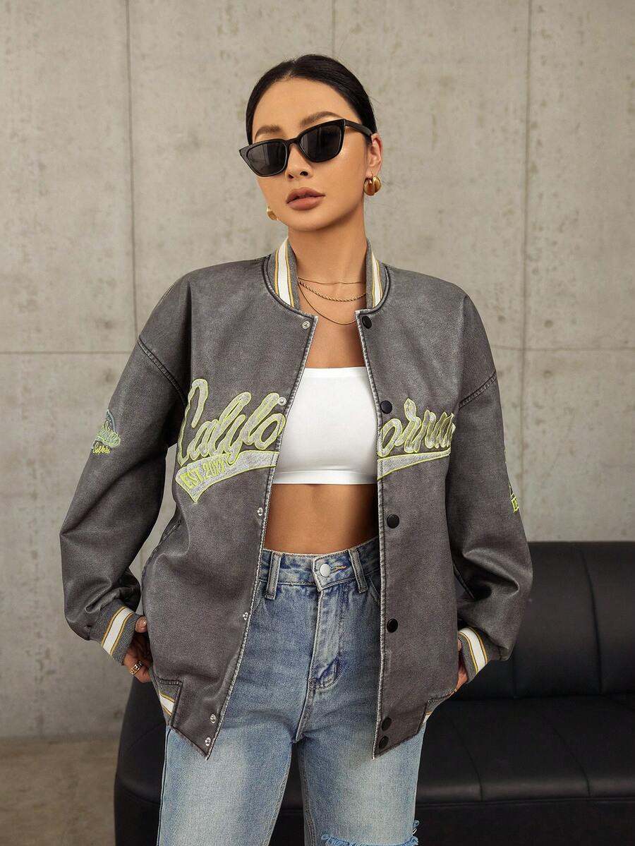SHEIN EZwear 字母刺繡釦扣棒球夾克 - 灰色 - 查看 1