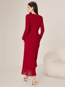 Modelyn Round Neck Long Sleeve Ruffle Detail Dress - Red - View 2