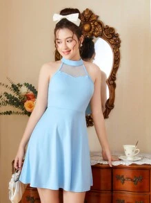 SHEIN Teen Girls' Mesh Splice Halterneck Midi Dress