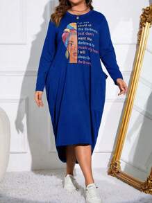 SHEIN LUNE Plus Size Character Slogan Print Double Pocket Dress - Royal Blue - View 3