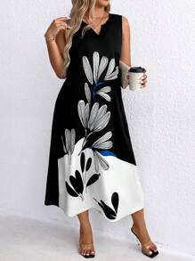 EMERY ROSE Vestido De Talla Grande Sin Mangas Con Estampado Floral De Bloque De Color Y Cuello De Muesca - Multicolor - Ver 4