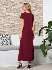 EMERY ROSE 女士圓領長款夏季豹紋拼接連衣裙 - 酒紅色 - 查看 2