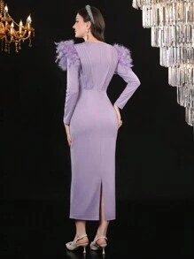 Modelyn 毛绒装饰褶皱拼接修身连衣裙，优雅晚会礼服 - 紫色 - 查看 3