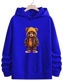 Manfinity Homme 男式加大码宽松卡通印花连帽衫，带保暖内衬 - 灰色 - 查看 6