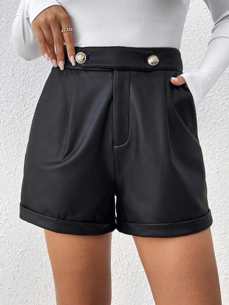 Button Detail Rolled Hem Shorts Summer Black Casual