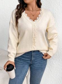 SHEIN Frenchy 大尺碼女裝蕾絲拼接下垂肩領插肩毛衣 - 米色 - 查看 1