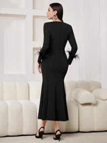 Modelyn Vestido largo de fiesta de mujer elegante de color liso con flecos en el borde, estilo cola de sirena