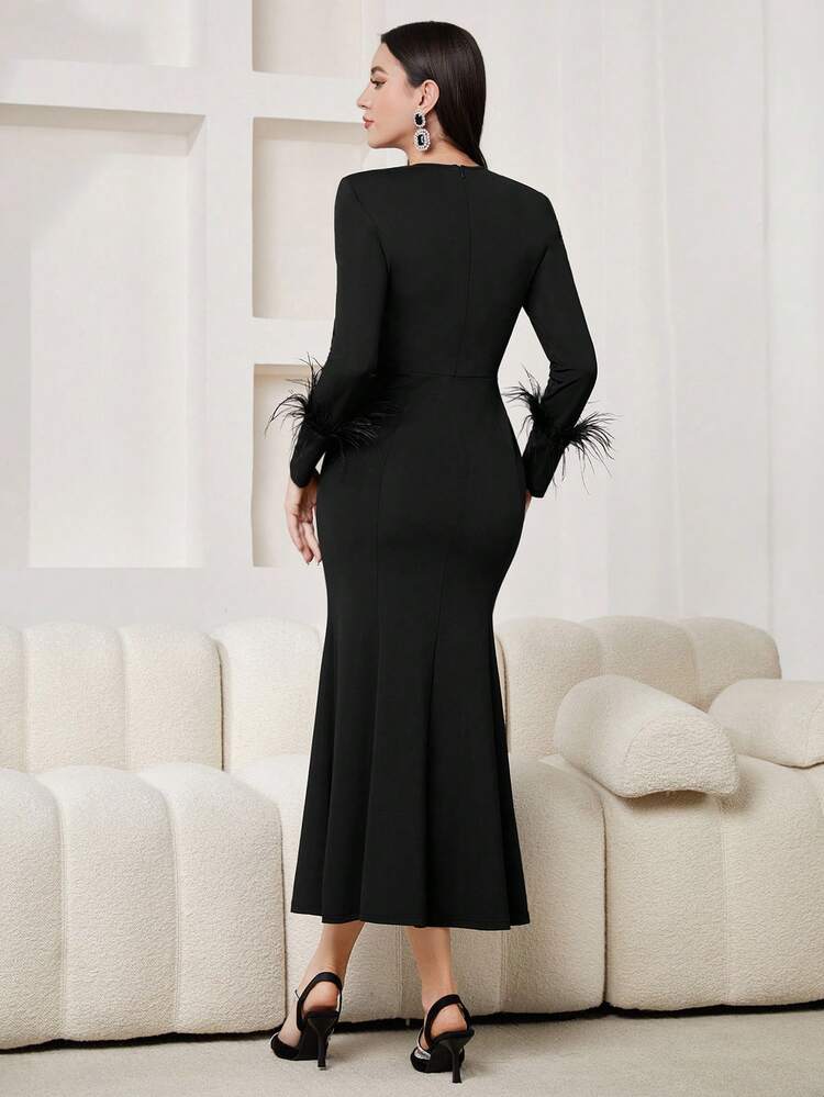 Women's Elegant Solid Color Fringe Trim Mermaid Dress Long Evening Dresses