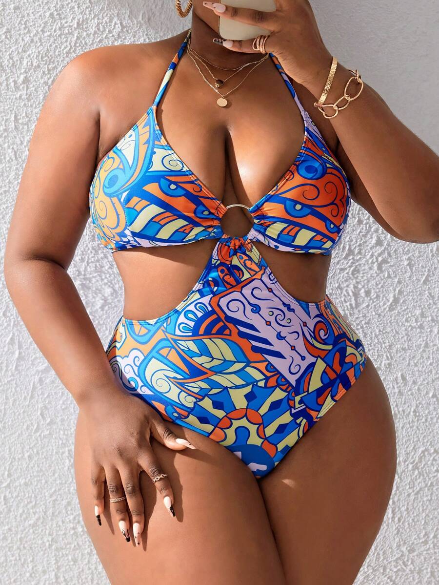 SHEIN Swim Curve 大尺碼女式葉子印花一件式泳衣 - 彩色 - 查看 1
