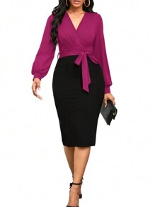 Women's Color Block Belted Dress - Hot Pink - View 1