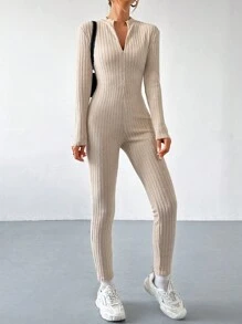 SHEIN EZwear 拉鍊設計的鬆緊針織連身衣跳躍套裝 - 杏色 - 查看 5