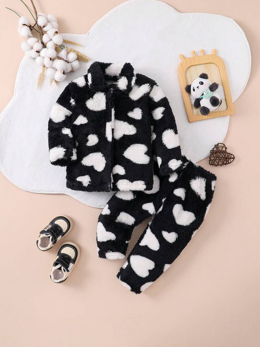 SHEIN Conjunto De 2 Piezas De Ropa De Casa Con Estampado De Corazones Para Bebé Niña - Negro - Ver 1