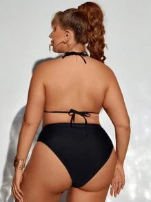 Swim SXY Summer Beach Plus Size Rhinestone Flower Print Halter Bikini Top Music Festival - Black - View 2