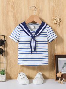 SHEIN Baby Boys' College Style Striped Short Sleeve Top With Sailor Collar - Multicolor - View 1