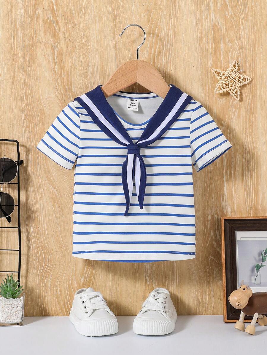 SHEIN Baby Boys' College Style Striped Short Sleeve Top With Sailor Collar - Multicolor - View 1