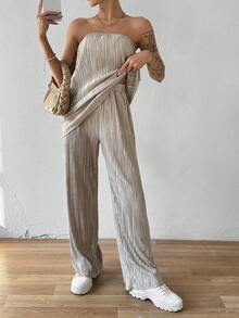 SHEIN Essnce 無肩帶短上衣和褲子套裝 - 卡其色 - 查看 6