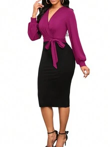 Women's Color Block Belted Dress - Hot Pink - View 3