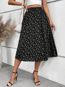 SHEIN Frenchy 碎花印花高腰半身裙 - 黑色 - 查看 6