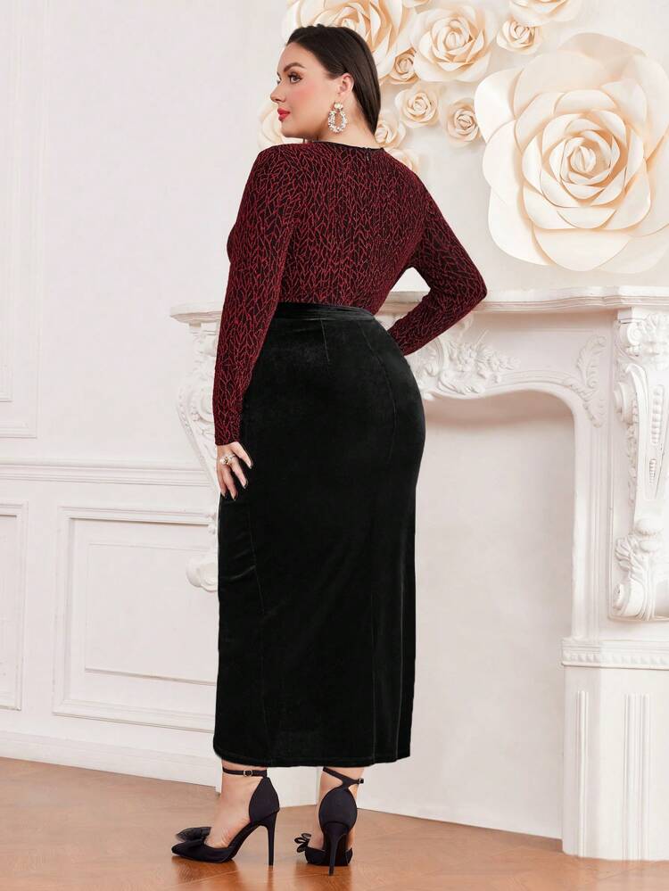 Plus Size Contrast Color Pleated V-Neck Long Sleeve Dress Long Evening Dresses