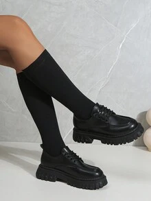 ROMWE Goth Women's 2024 Spring/Autumn New Arrival Round Toe Korean Style Classic Casual Mary Jane Thick Platform Black Leather Shoes - Black - View 6