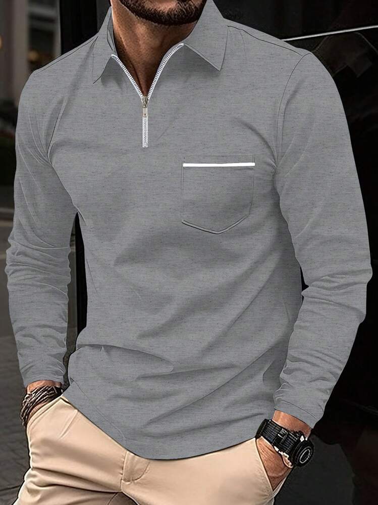 Manfinity Homme Camisa polo de hombre con media cremallera y borde de parche, otoño, manga larga - Gris - Añade 1