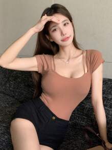 DAZY Solid Color Ribbed Knit T-Shirt - Pink - View 6