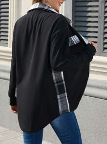 SHEIN LUNE Phù hợp thường Kẻ sọc Vá lại Dệt kim Waff Lưới Áo khoác - Đen và trắng - Xem 2