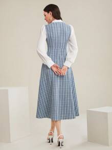 Modelyn 女式立领格子灯笼袖连衣裙超长款女装长款晚礼服女式秋季服装 - 藍色 - 查看 2
