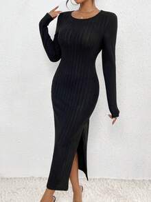 SHEIN Unity Solid Color Ribbed Knit High Slit Dress For Women - Black - View 4