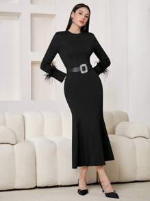 Modelyn Vestido largo de fiesta de mujer elegante de color liso con flecos en el borde, estilo cola de sirena