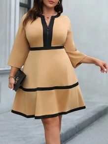 SHEIN CURVE+ 大尺碼色塊捲邊拉鍊連衣裙 - 卡其色 - 查看 1