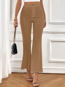 SHEIN Privé 邊緣縫合細節純色喇叭褲 - 卡其色 - 查看 4