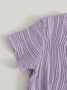 SHEIN 年輕女孩紫色波浪紋短袖上衣和長褲休閒套裝 2件套 - 紫色 - 查看 3