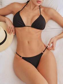 Màu thuần Tam giác Bikini Áo bơi Bộ - màu đen - Xem 5