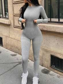 女士纯色罗纹针织长袖连体裤，瑜伽服，高弹面料，春秋季 - 灰色 - 查看 1